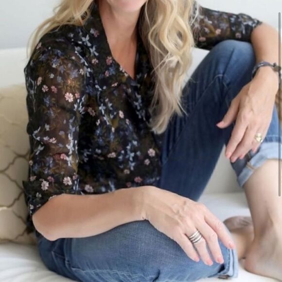 Cabi Sheer Floret Ruffle Long Sleeve Blouse - Picture 2 of 10